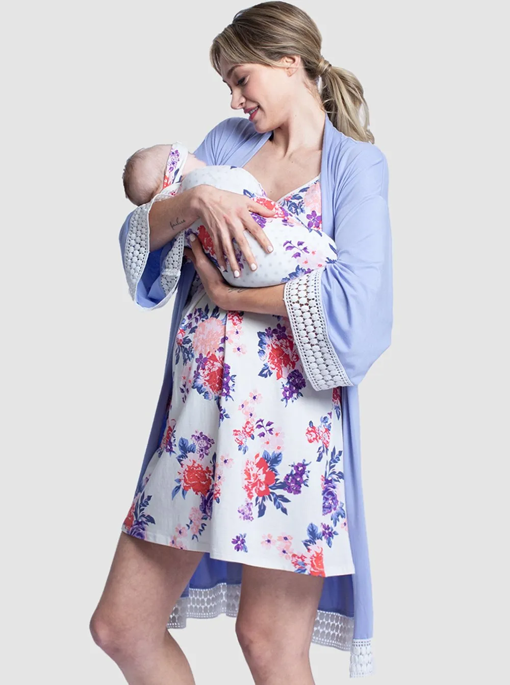 Hospital Pack: Nursing Dress   Robe   Free Baby Pouch - Blue & Pink