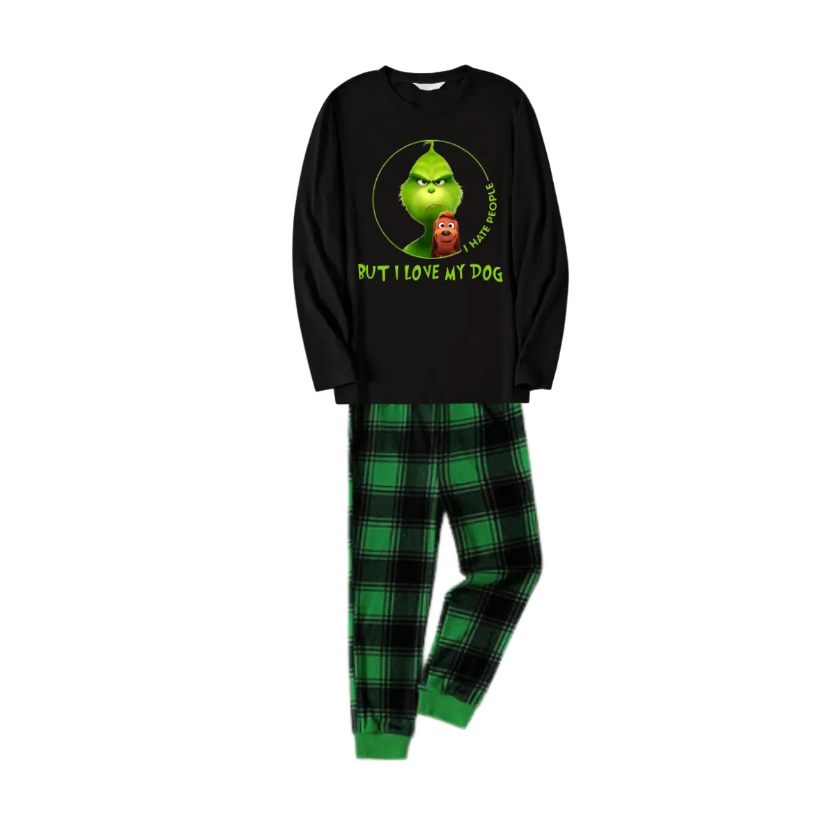 'I Hate People But I love My Dog' Text With Green Cartoon Characters and Dog Pattern Black Top Green Plaid Pants Family Matching Pajamas