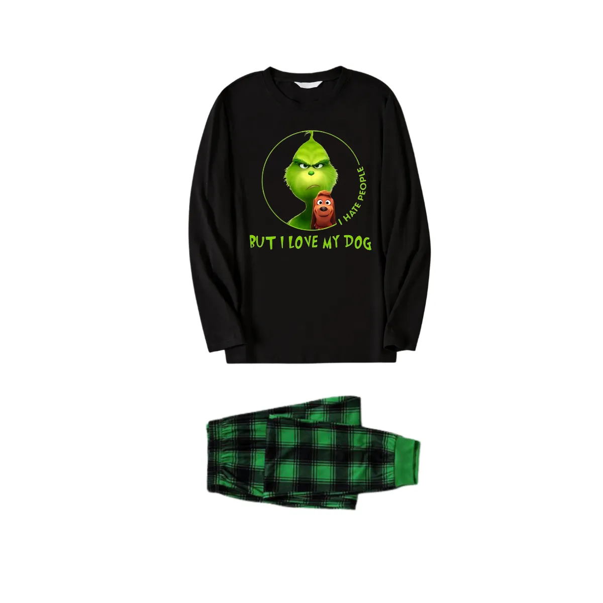 'I Hate People But I love My Dog' Text With Green Cartoon Characters and Dog Pattern Black Top Green Plaid Pants Family Matching Pajamas