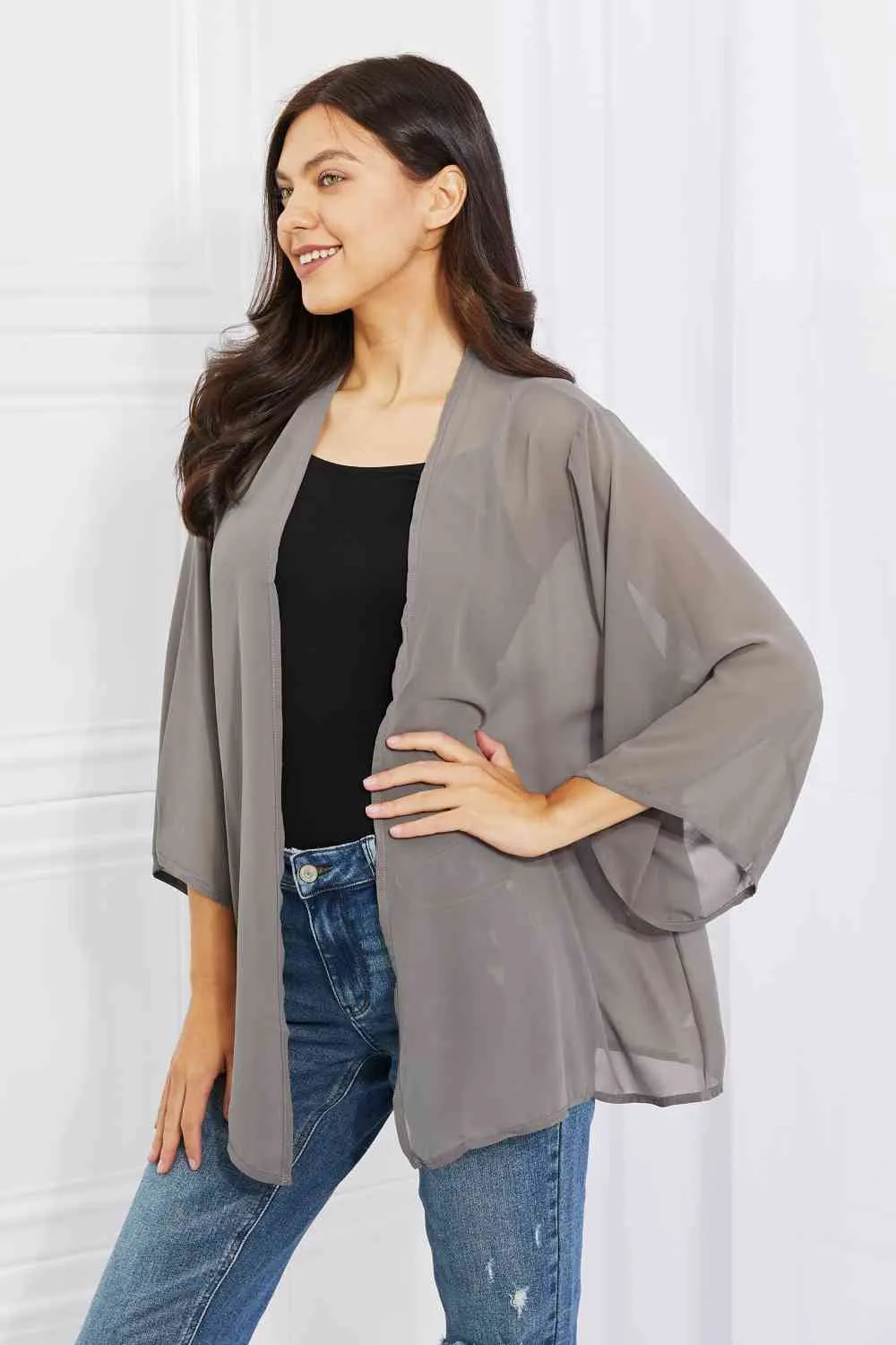 Just Breathe Full Size Chiffon Kimono in Grey