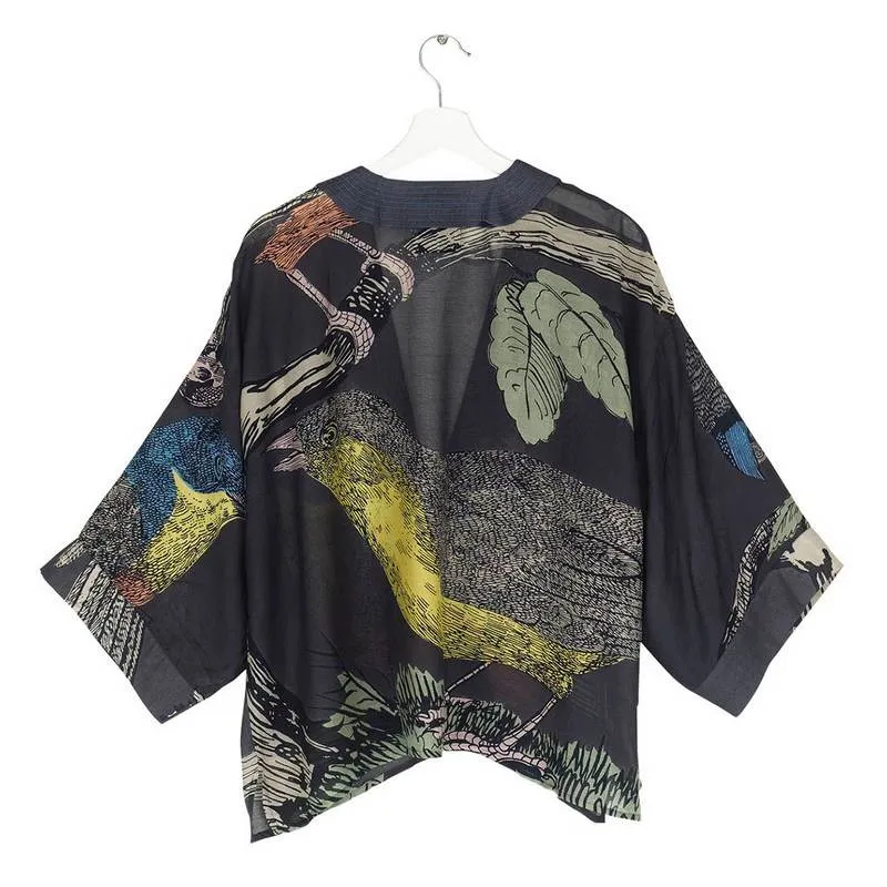 Kimono In Ink Blue With Bird Print