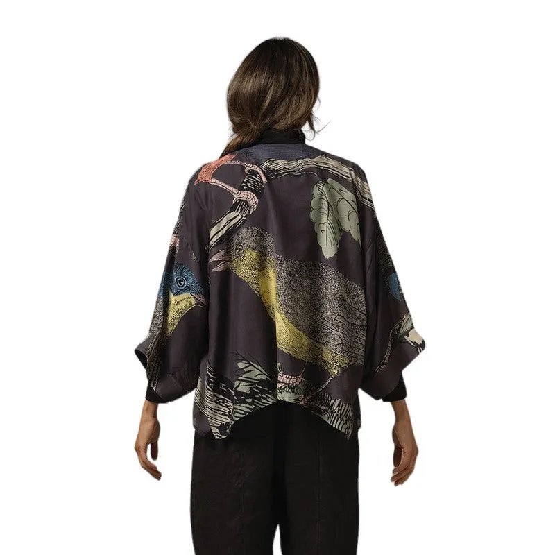 Kimono In Ink Blue With Bird Print