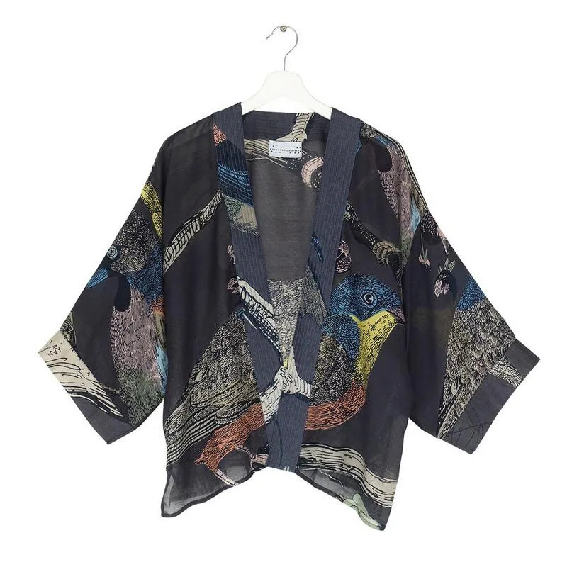 Kimono In Ink Blue With Bird Print