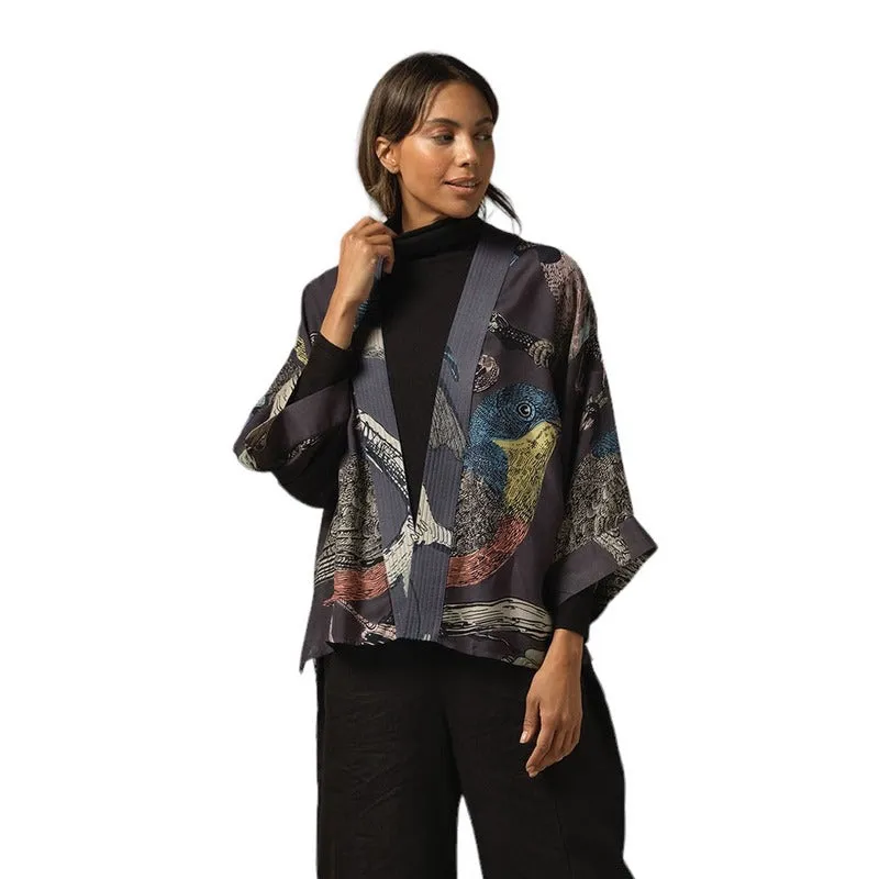 Kimono In Ink Blue With Bird Print