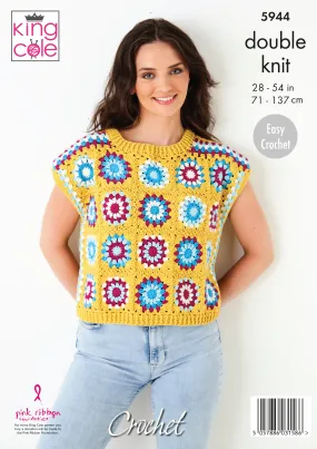 King Cole 5944 Easy CROCHET Pattern - Ladies Granny Square Jumper & Top