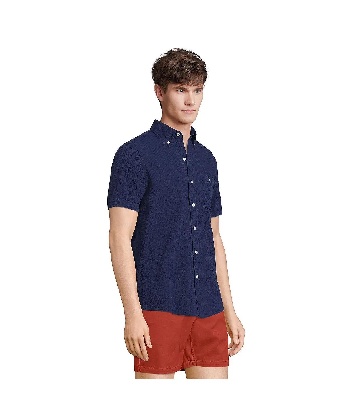 Lands' End Men's Traditional Fit Crinkled Cotton Short Sleeve Shirt