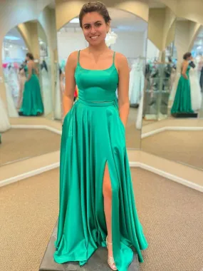 Long A-line Satin Prom Dress with Pockets Green Formal Graduation Evening Dresses with Slit