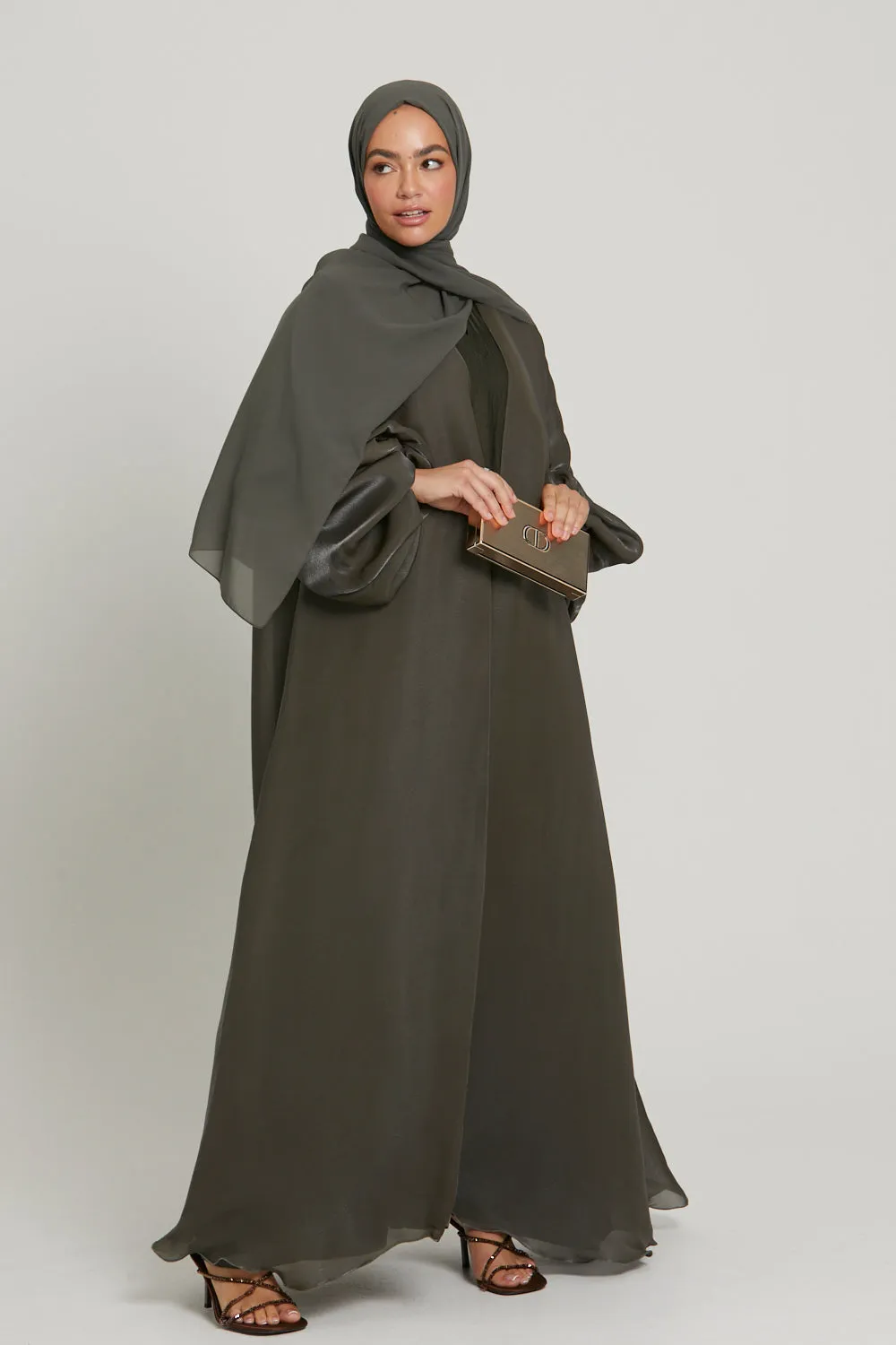 Luxury Moonlight Organza Open Abaya - Smokey Olive