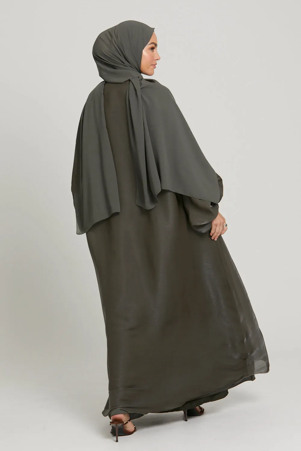 Luxury Moonlight Organza Open Abaya - Smokey Olive