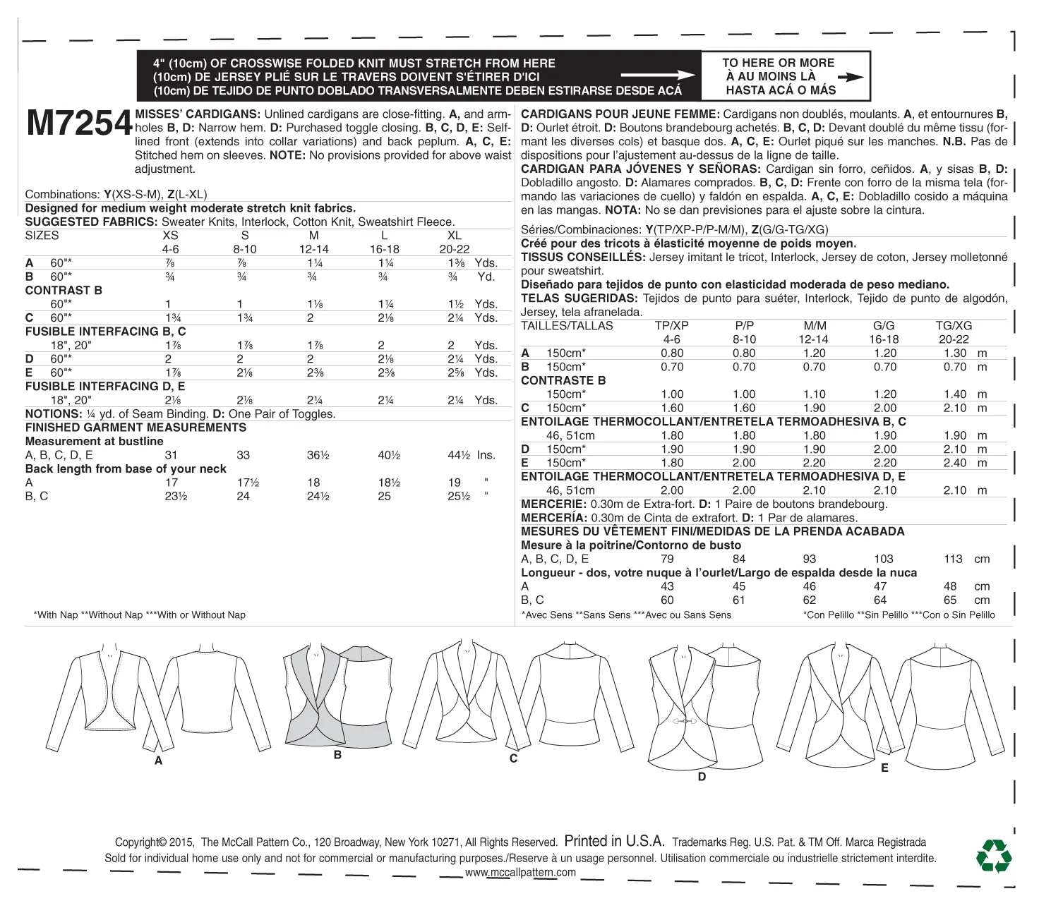 McCall's Pattern M7254 Misses' Cardigans | Easy