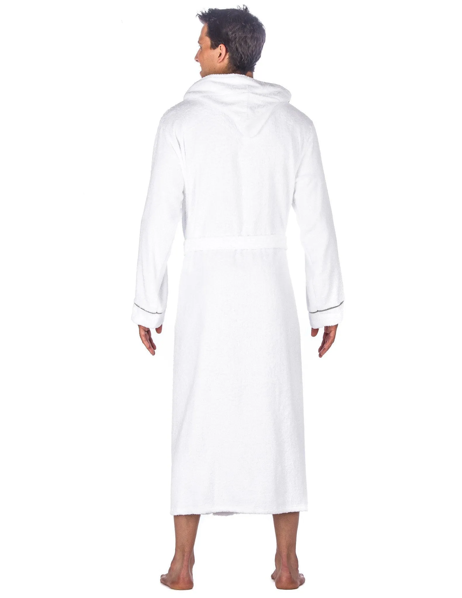 Men's 100% Cotton Terry Long Hooded Bathrobe - White