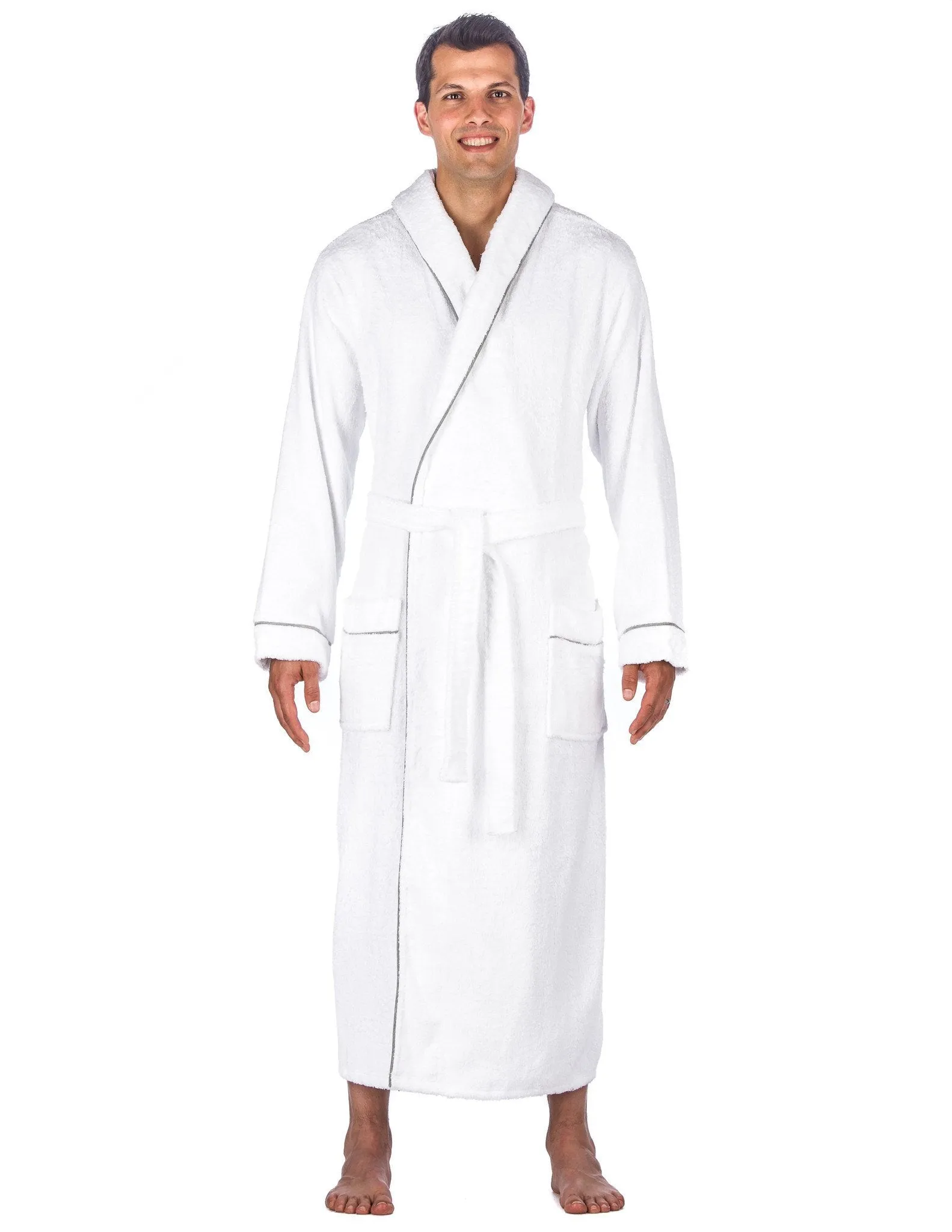 Men's 100% Cotton Terry Long Hooded Bathrobe - White