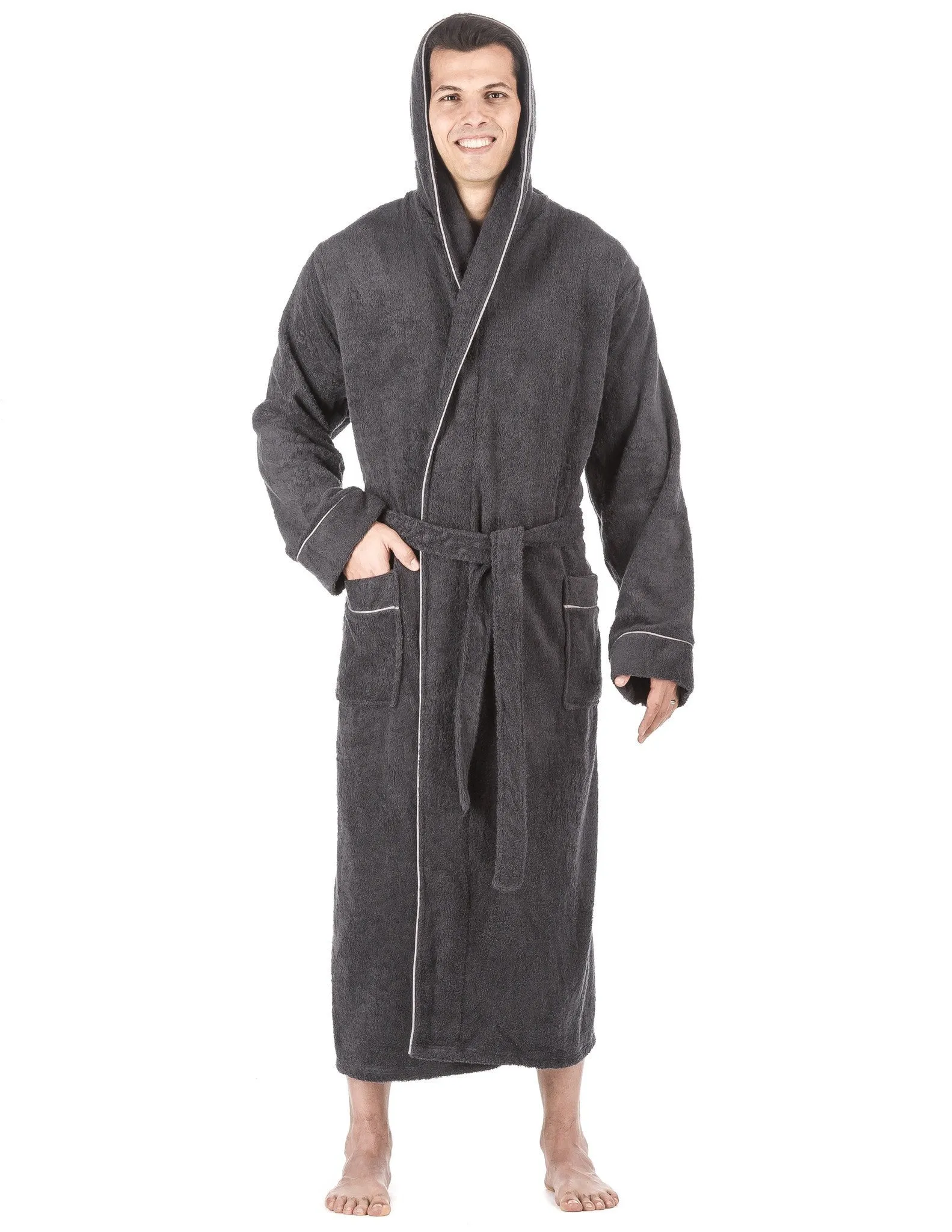 Men's 100% Cotton Terry Long Hooded Bathrobe