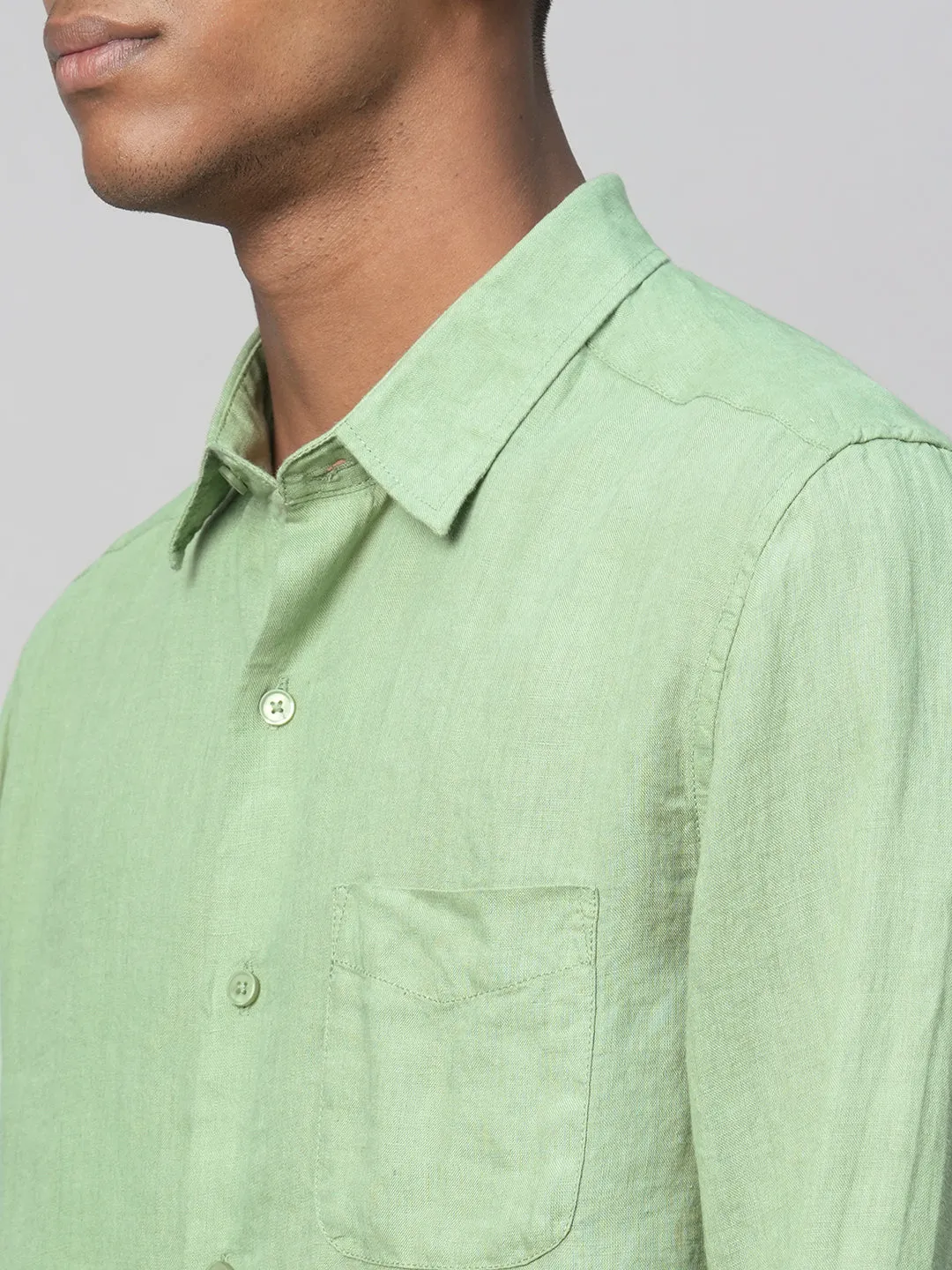 Men's 100% Linen Green Regular Fit Long Sleeved Shirt