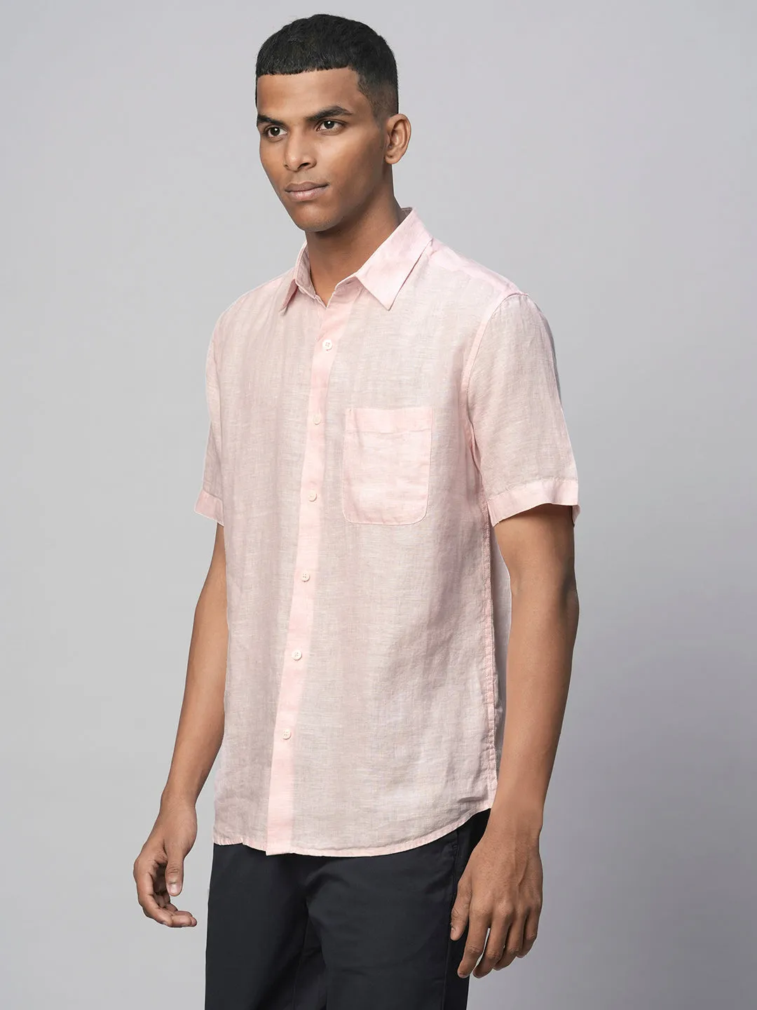 Men's 100% Linen Pink Regular Fit Short Sleeved Shirt