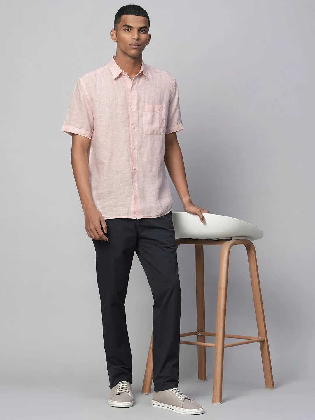 Men's 100% Linen Pink Regular Fit Short Sleeved Shirt