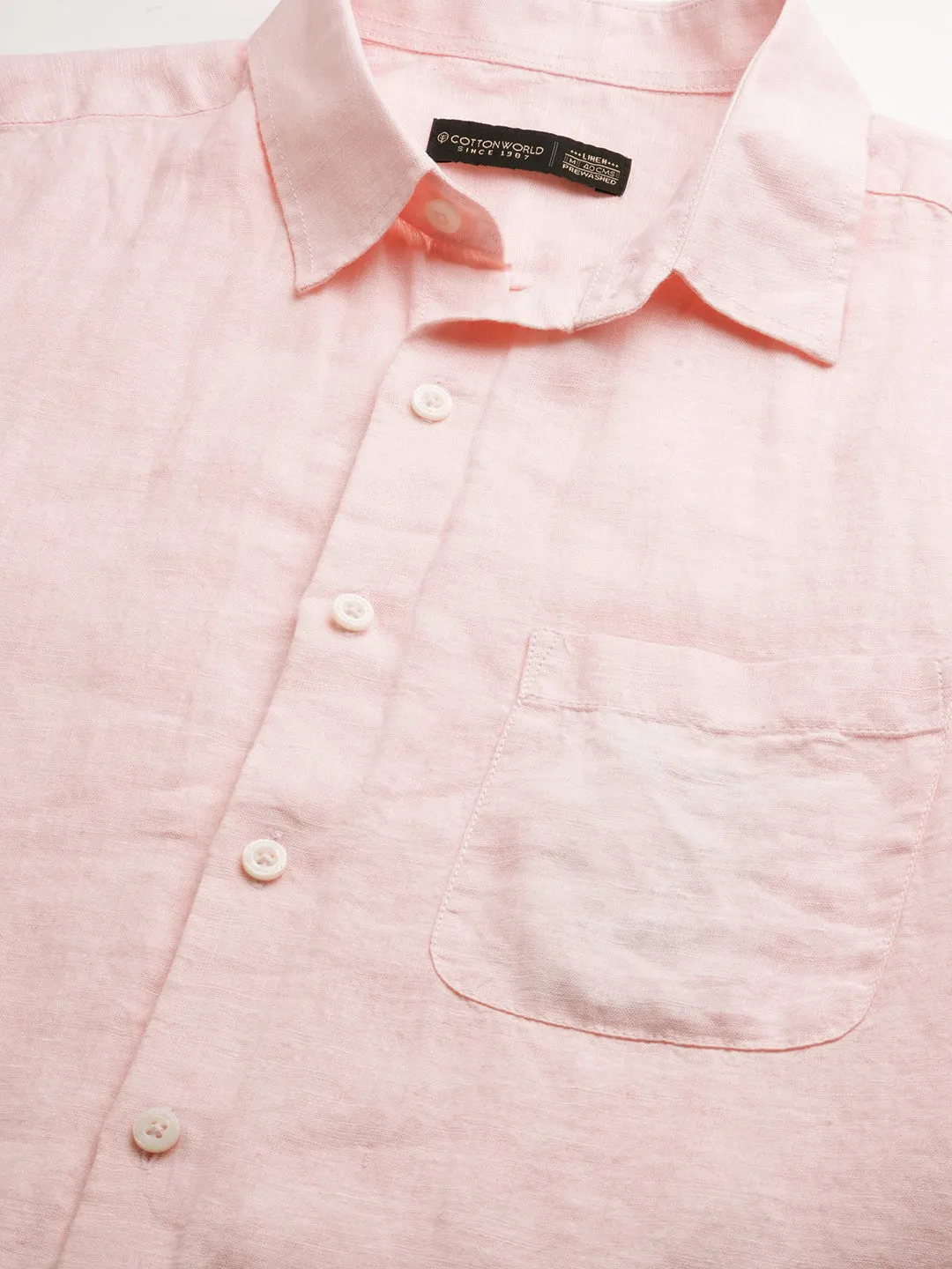 Men's 100% Linen Pink Regular Fit Short Sleeved Shirt