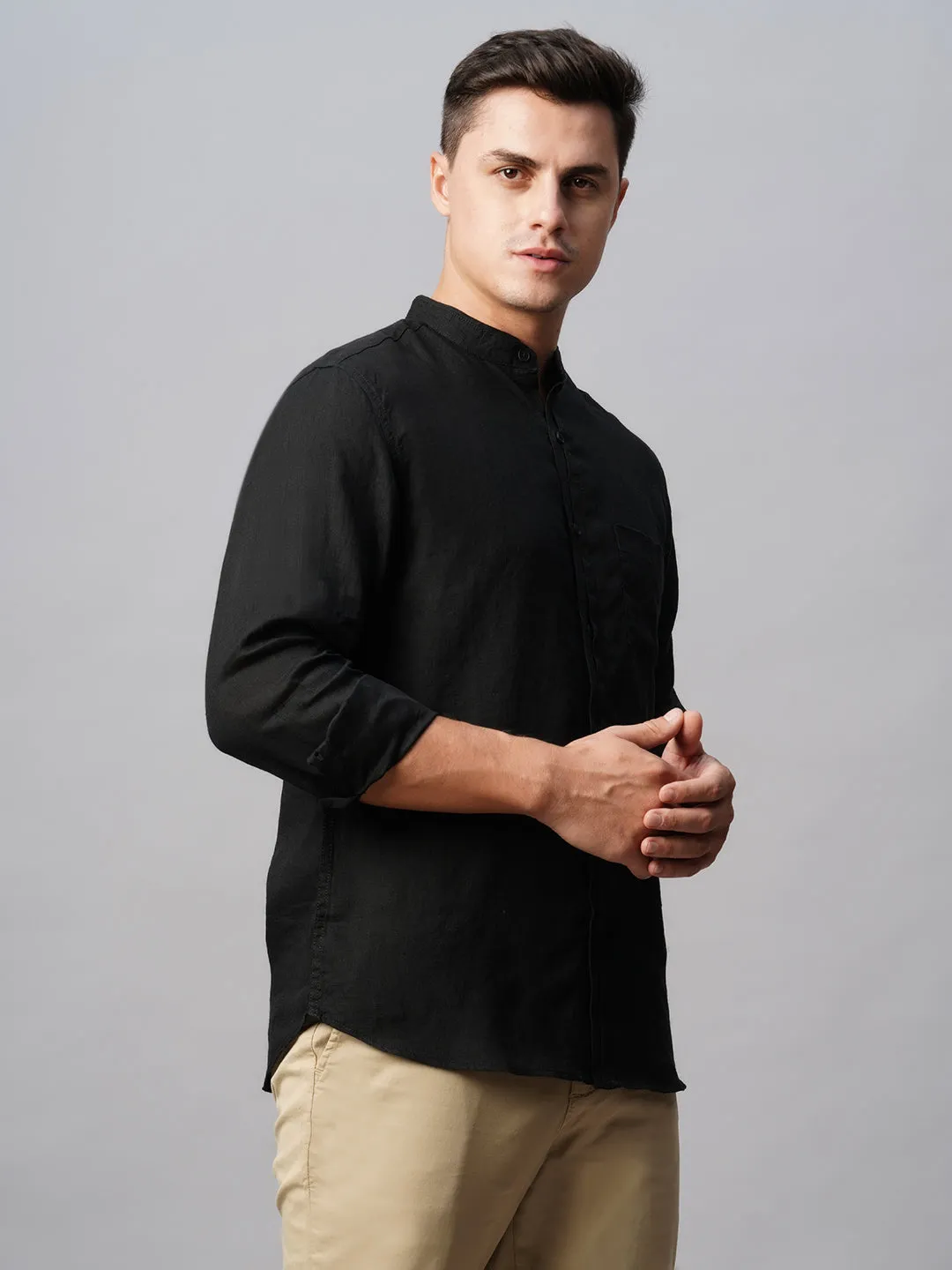 Men's Black 100% Linen Regular Fit Band Collared Long Sleeved Shirt