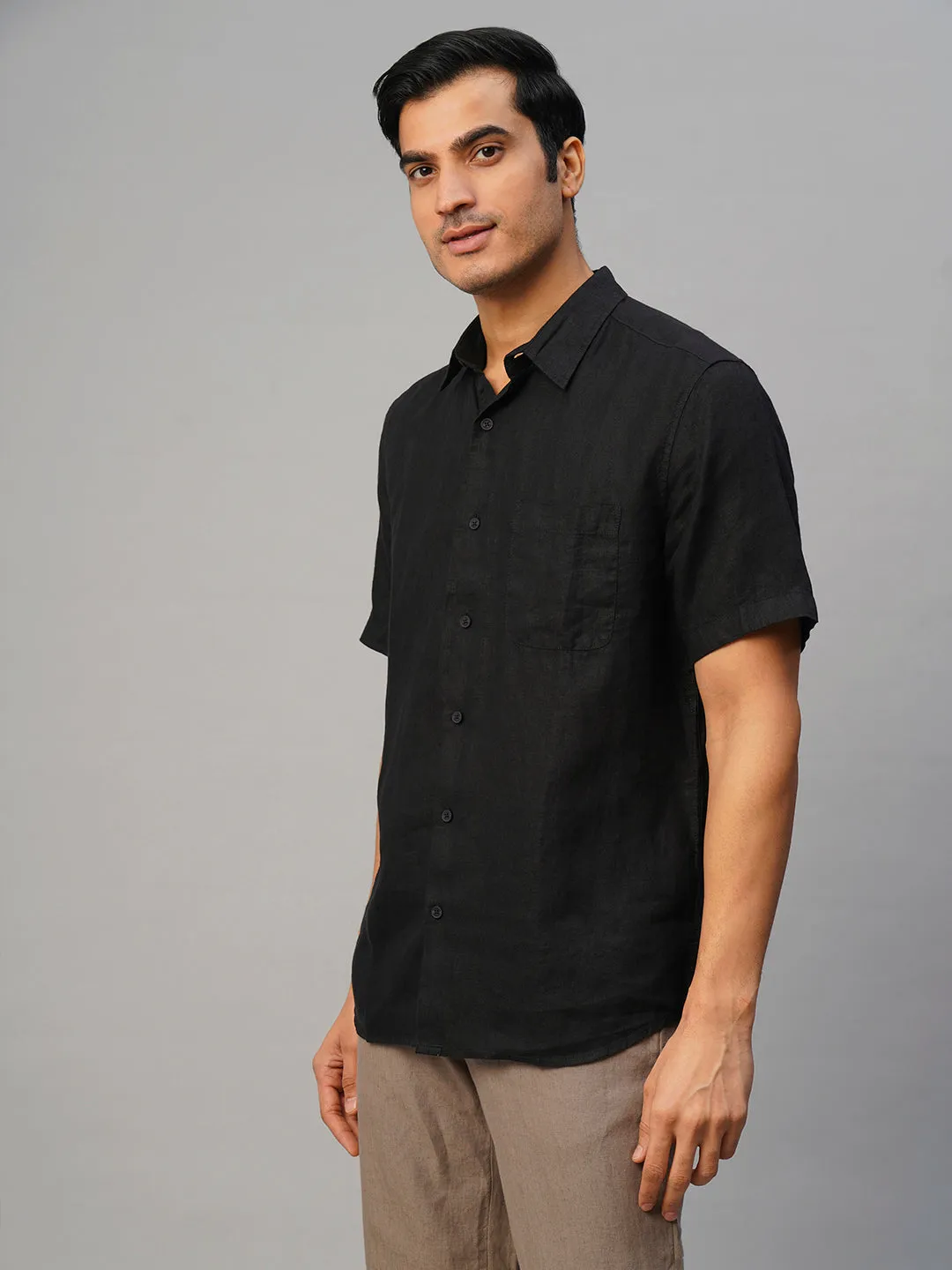 Men's Black 100% Linen Regular Fit Shirt