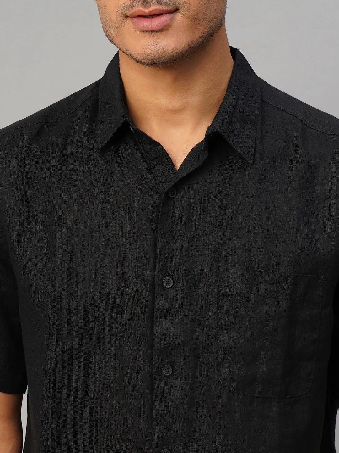 Men's Black 100% Linen Regular Fit Shirt