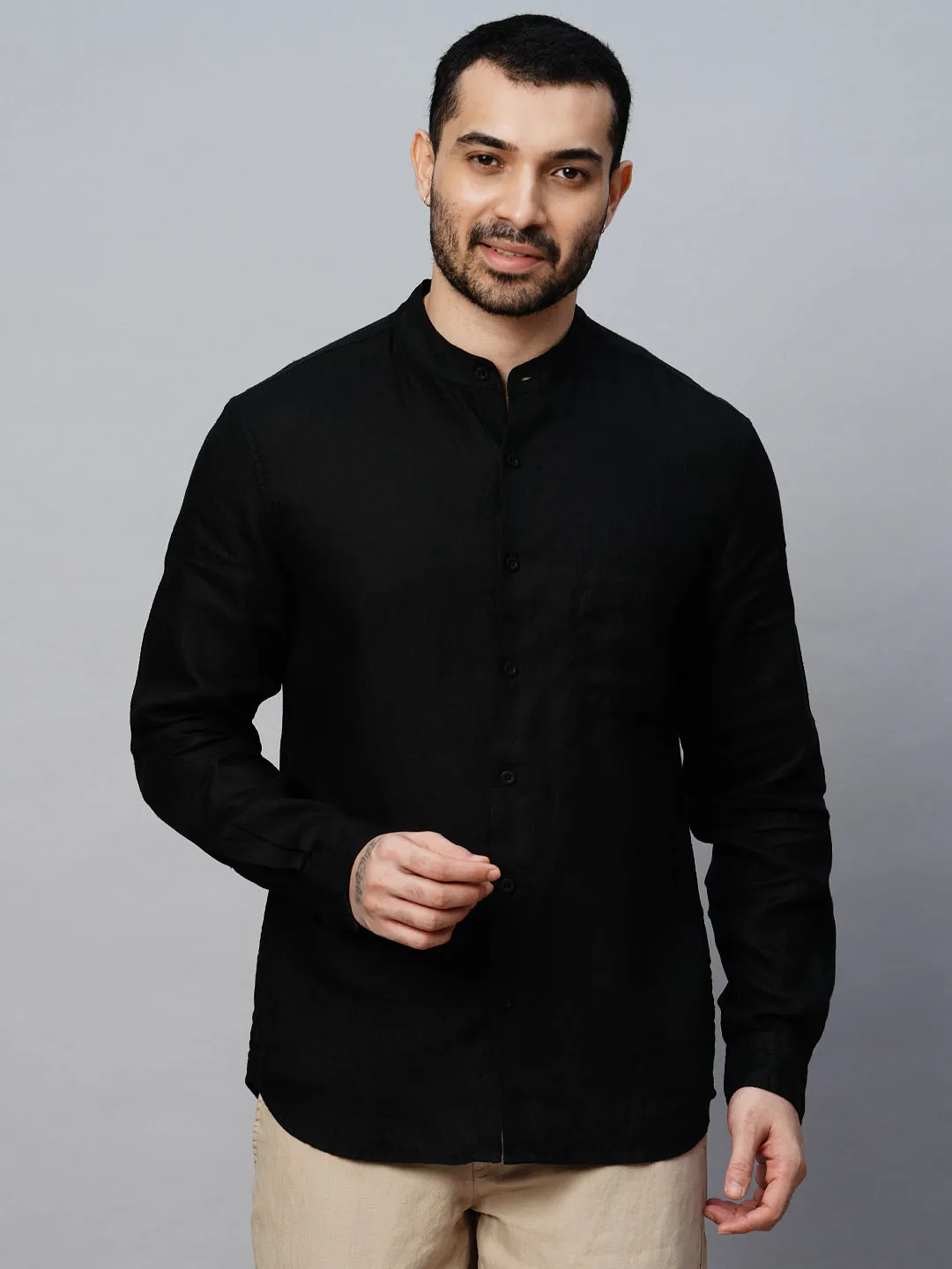 Men's Black 100% Linen Regular Fit Shirt