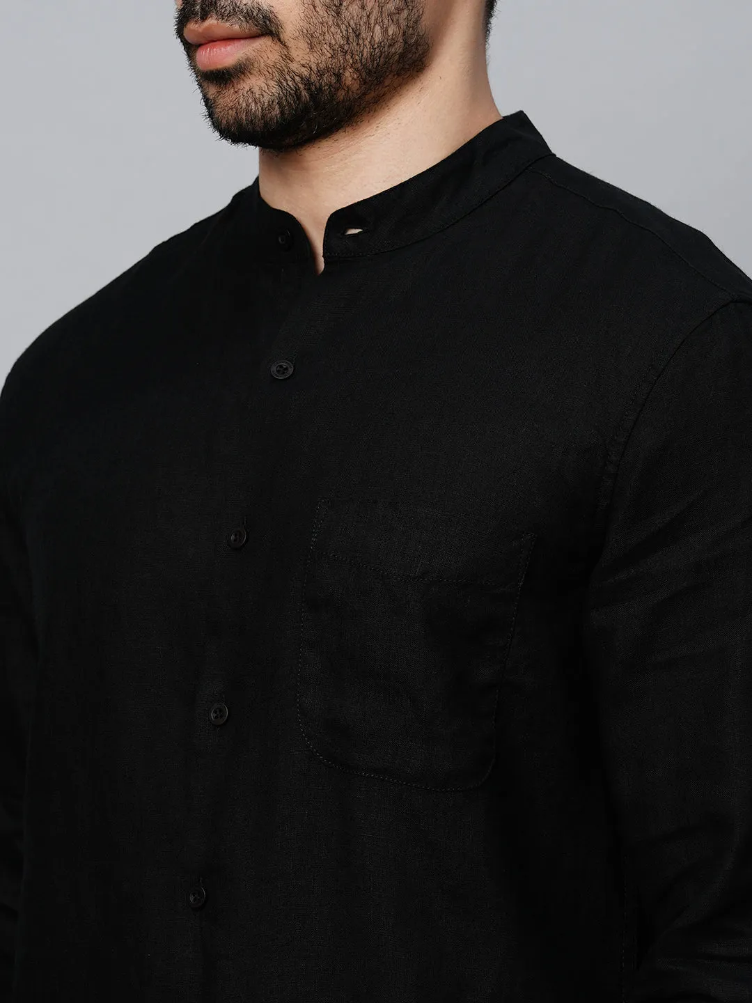 Men's Black 100% Linen Regular Fit Shirt