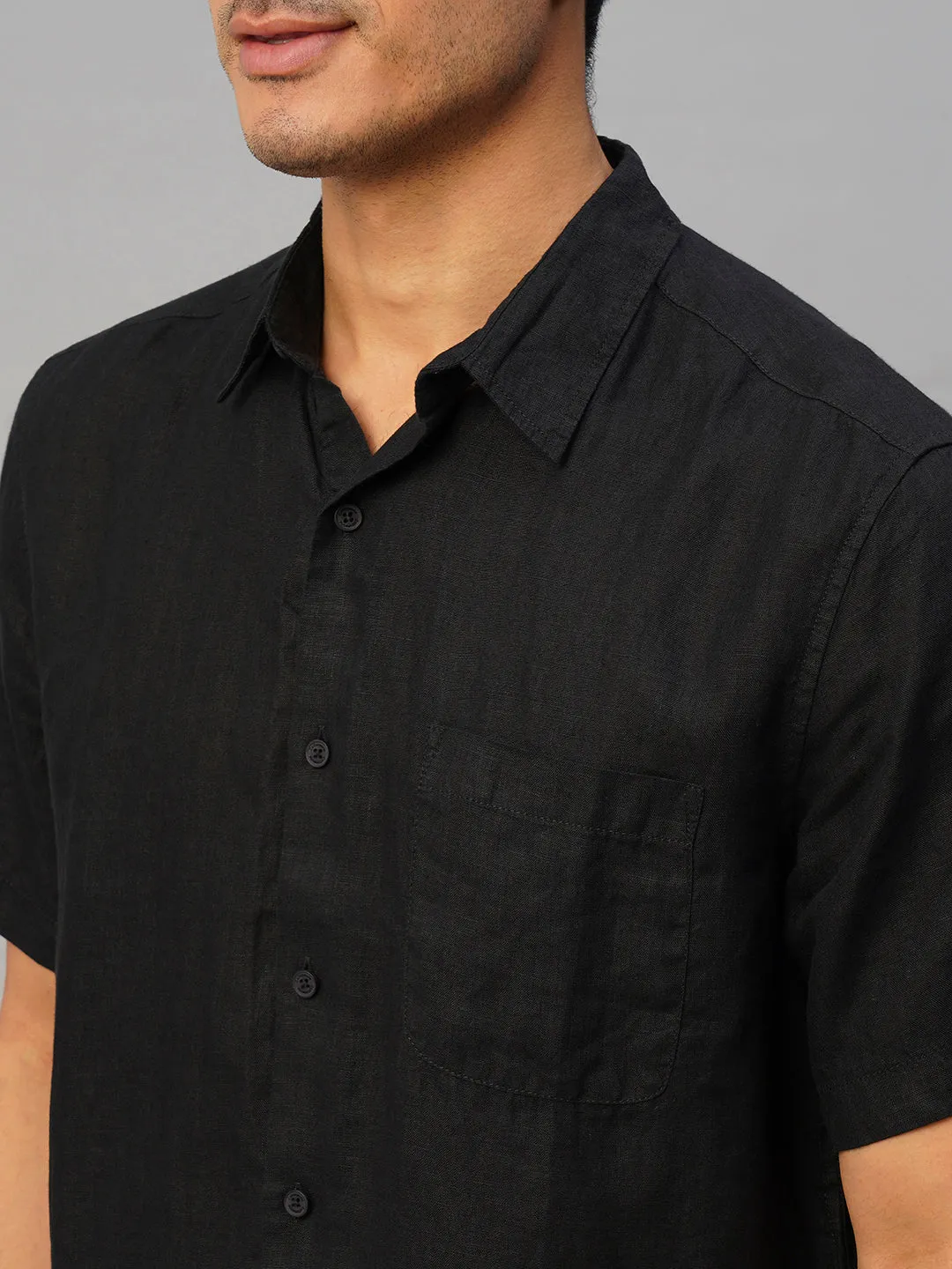 Men's Black 100% Linen Regular Fit Shirt