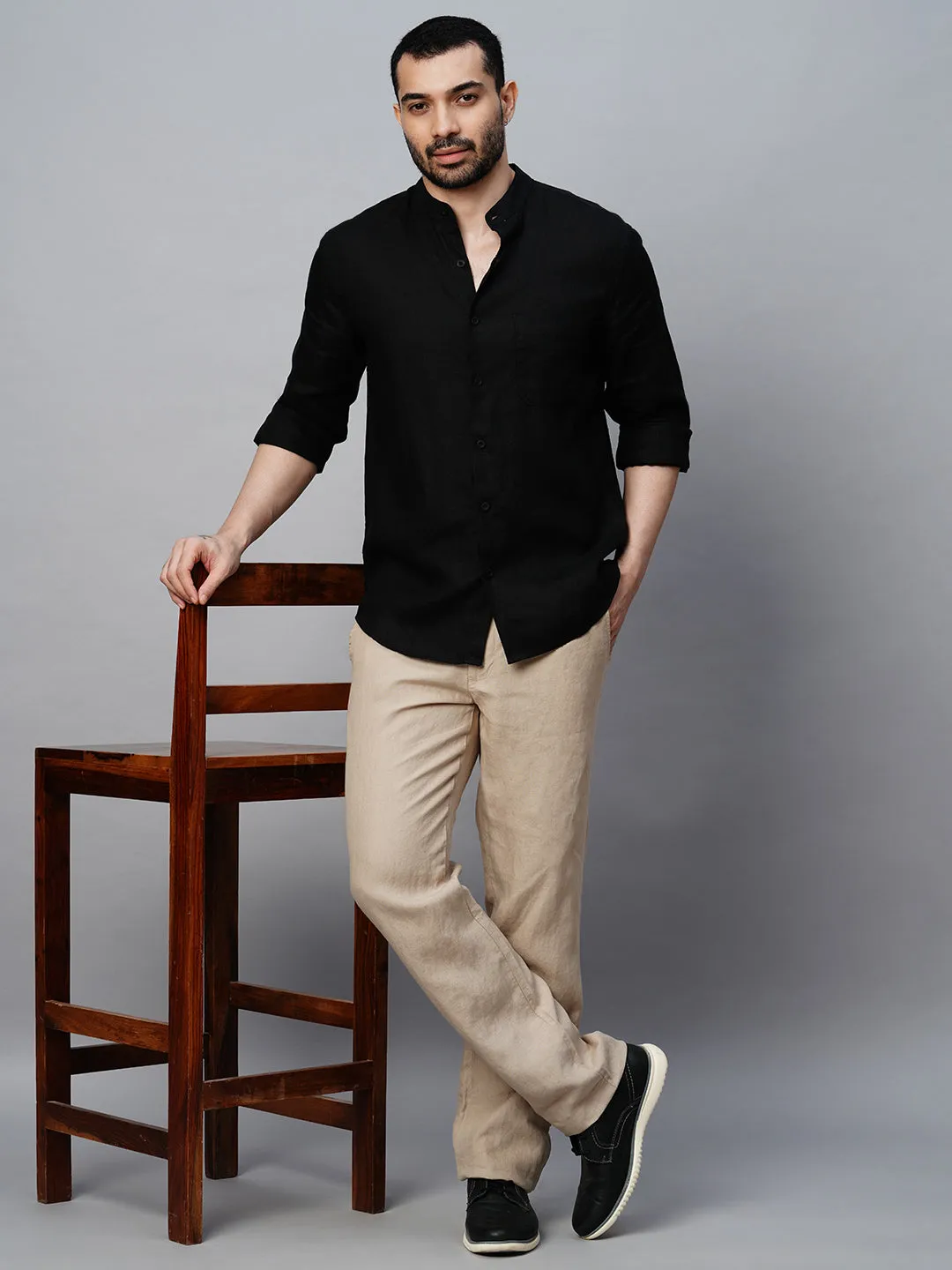 Men's Black 100% Linen Regular Fit Shirt