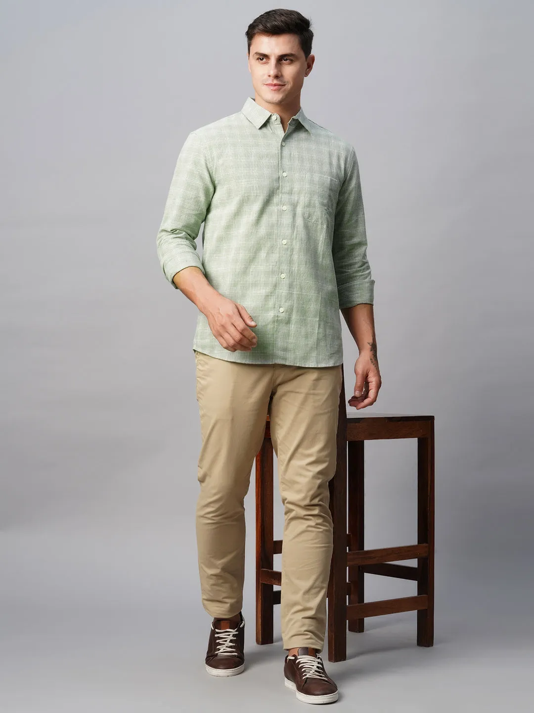 Men's Green Linen Cotton Regular Fit Checked Shirt