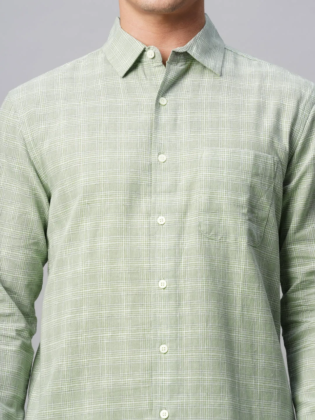 Men's Green Linen Cotton Regular Fit Checked Shirt