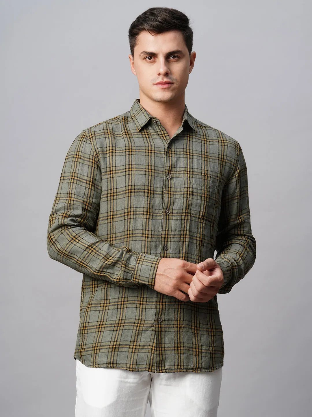 Men's Olive 100% Linen Regular Fit Checked Shirt