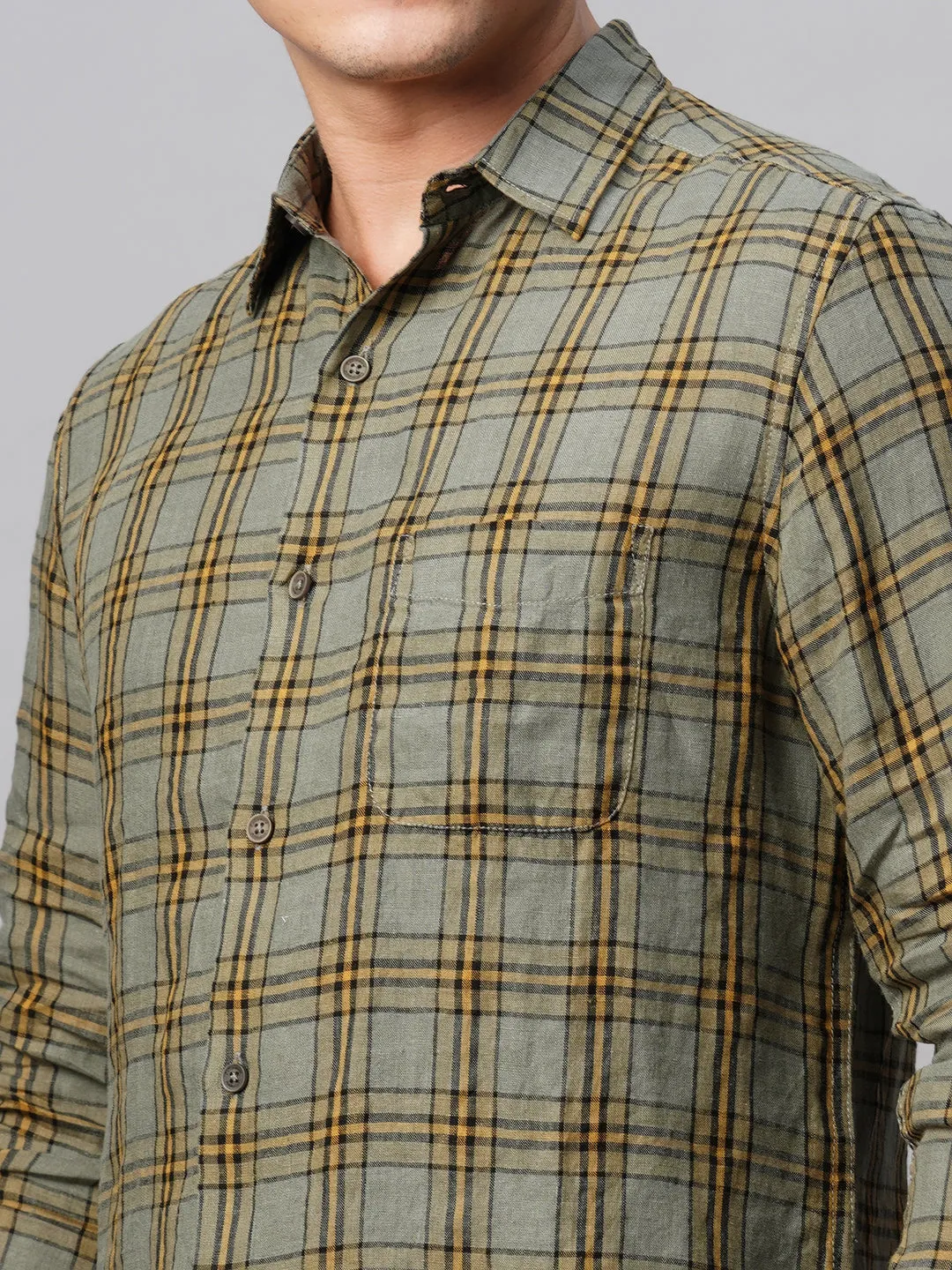 Men's Olive 100% Linen Regular Fit Checked Shirt