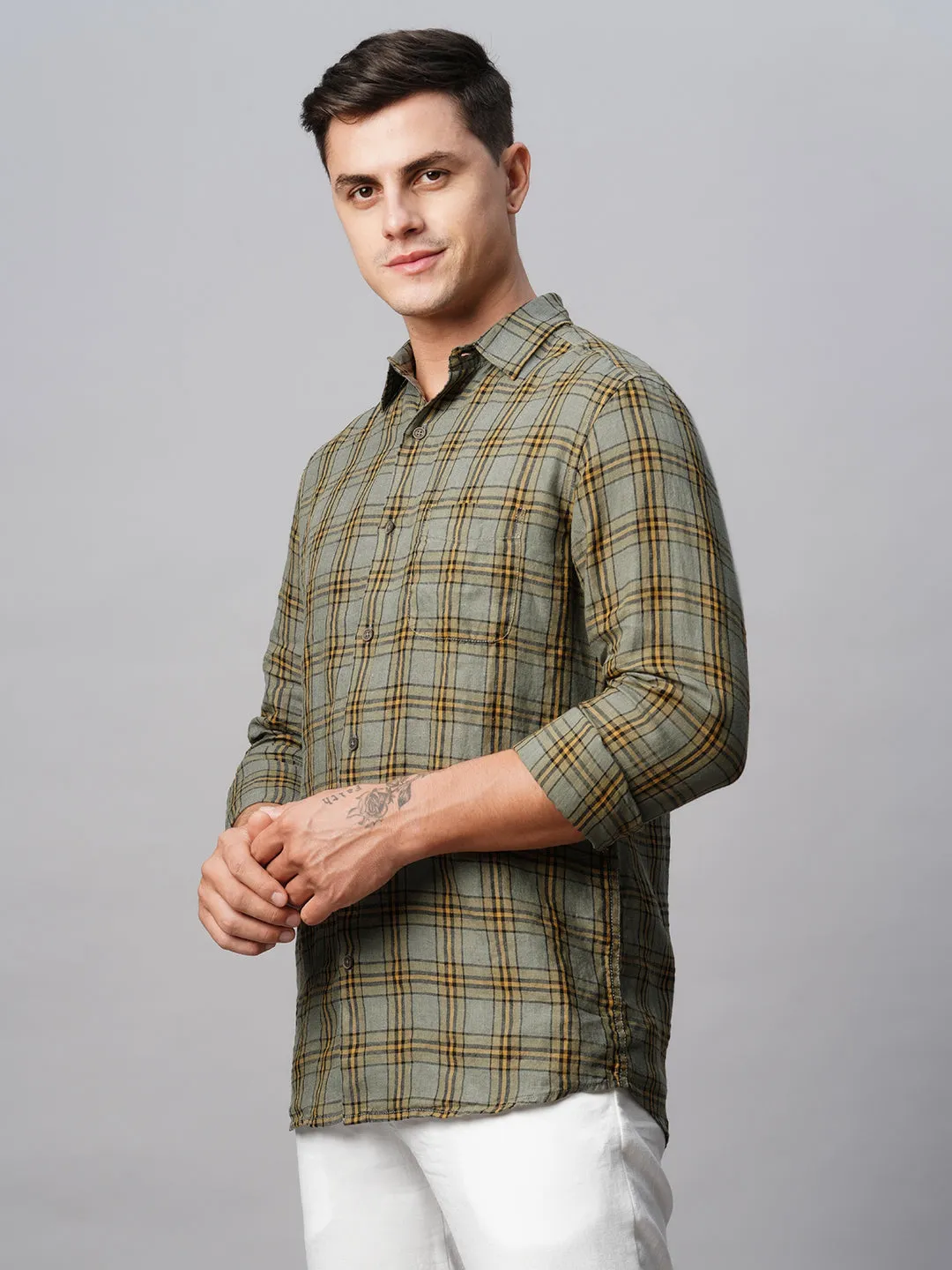 Men's Olive 100% Linen Regular Fit Checked Shirt