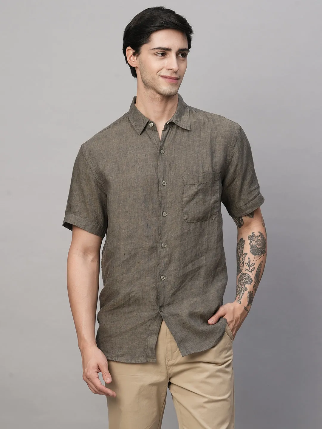 Men's Olive 100% Linen Regular Fit Shirt