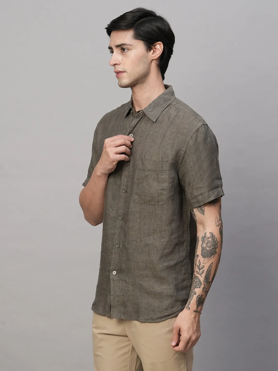 Men's Olive 100% Linen Regular Fit Shirt