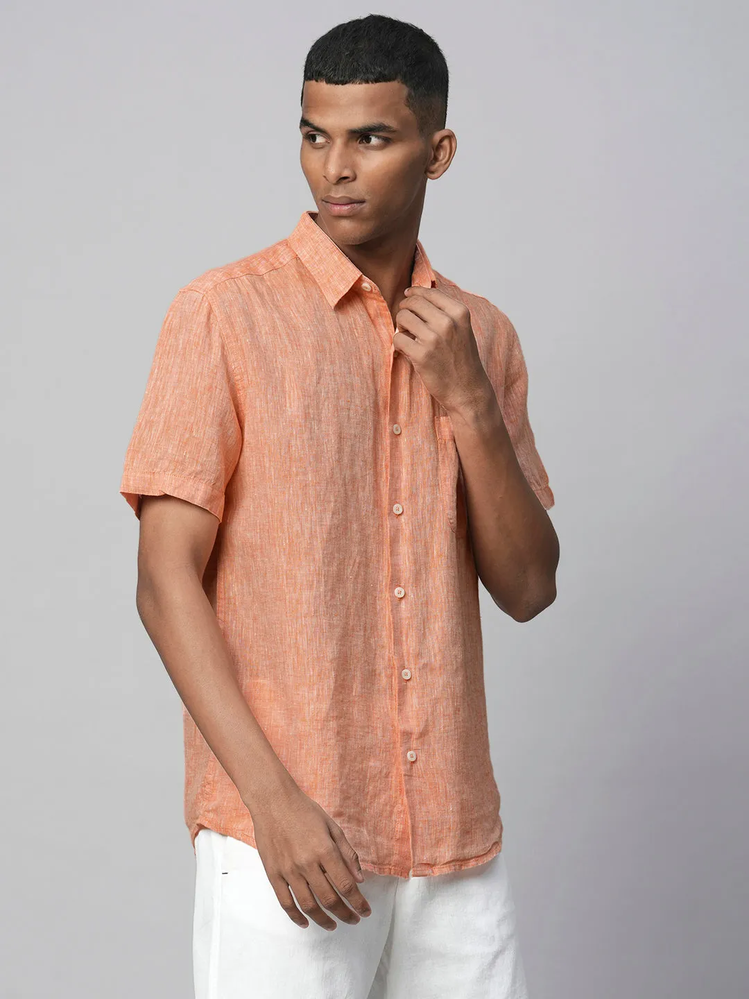 Men's Orange 100% Linen Regular Fit Short Sleeved Shirt