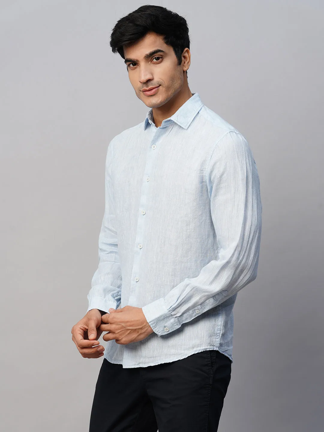 Men's Sky Blue 100% Linen Slim Fit Long Sleeved Shirt