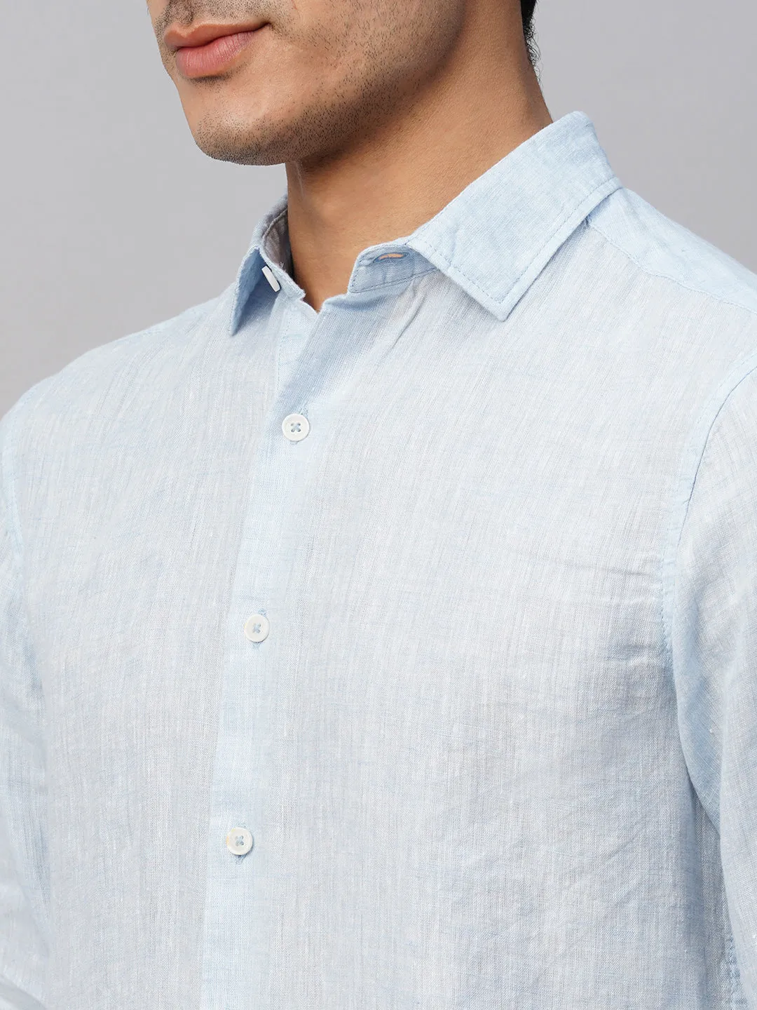 Men's Sky Blue 100% Linen Slim Fit Long Sleeved Shirt