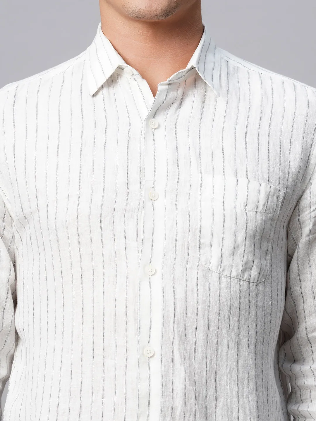 Men's White 100% Linen Regular Fit Long Sleeved Striped Shirt