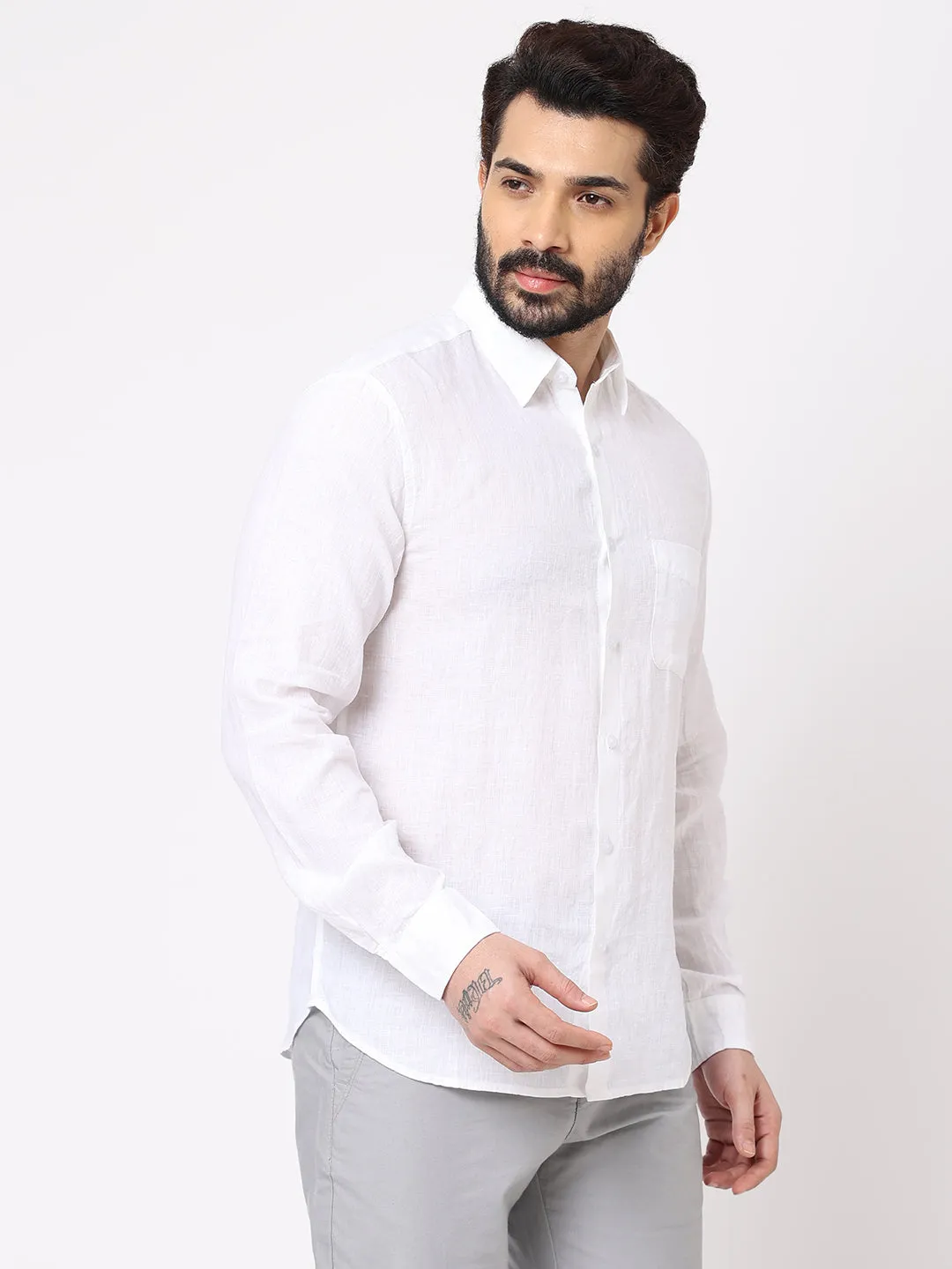 Men's White 100% Linen Regular Fit Shirt