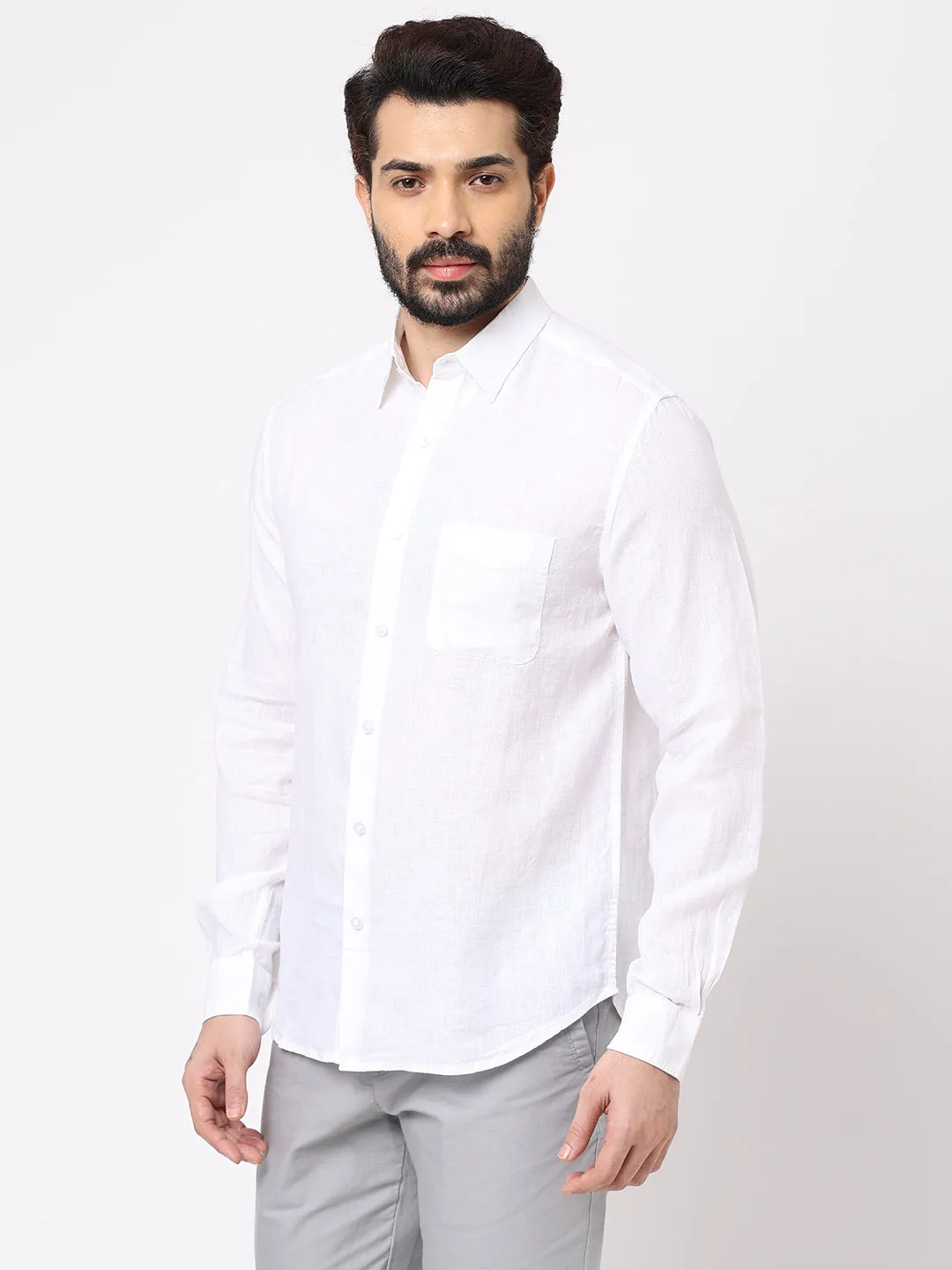 Men's White 100% Linen Regular Fit Shirt