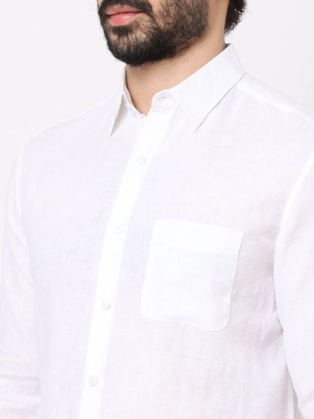 Men's White 100% Linen Regular Fit Shirt