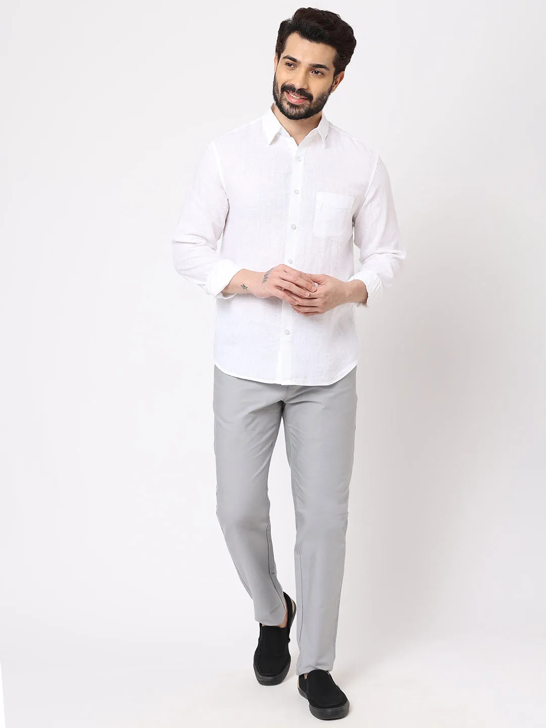 Men's White 100% Linen Regular Fit Shirt