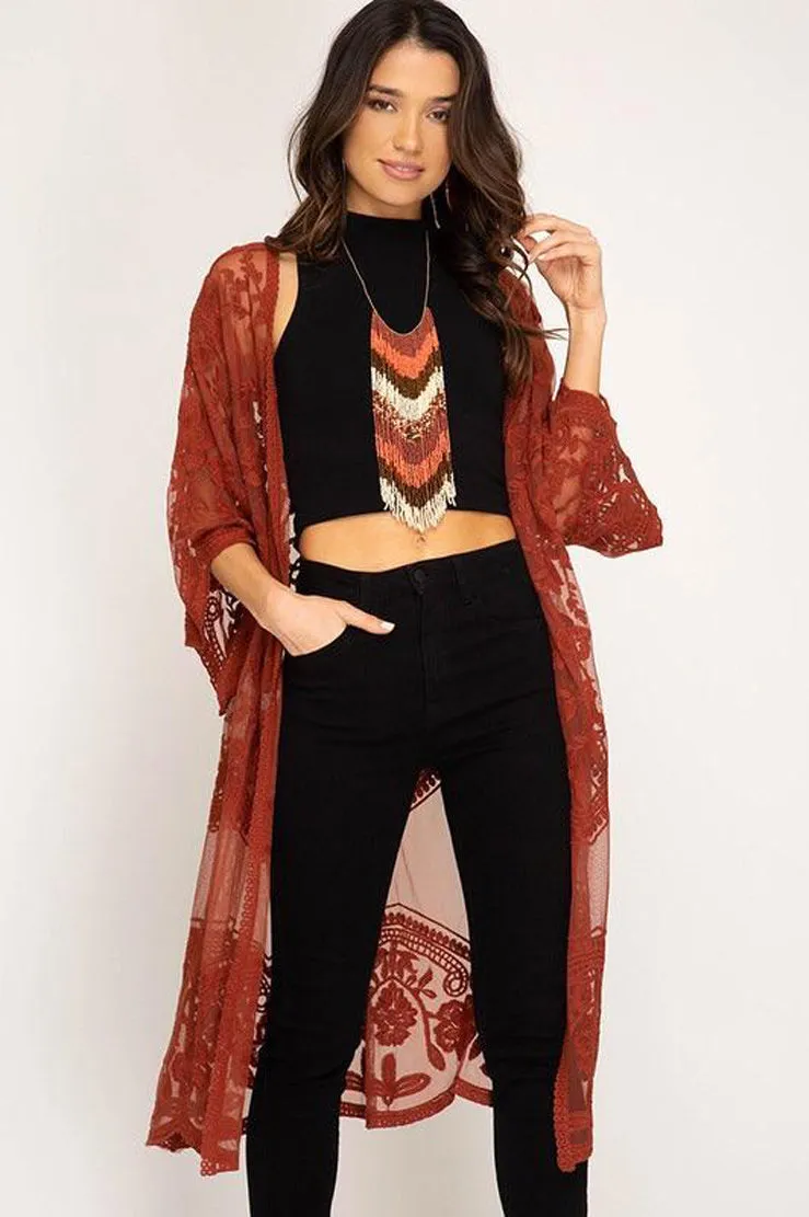 Mesh Embroidered Kimono Cardigan: Women's 3/4 Sleeve Cover Up