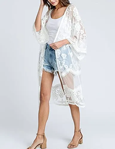 Mesh Embroidered Kimono Cardigan: Women's 3/4 Sleeve Cover Up