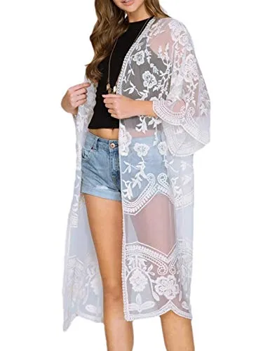 Mesh Embroidered Kimono Cardigan: Women's 3/4 Sleeve Cover Up