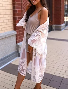 Mesh Embroidered Kimono Cardigan: Women's 3/4 Sleeve Cover Up