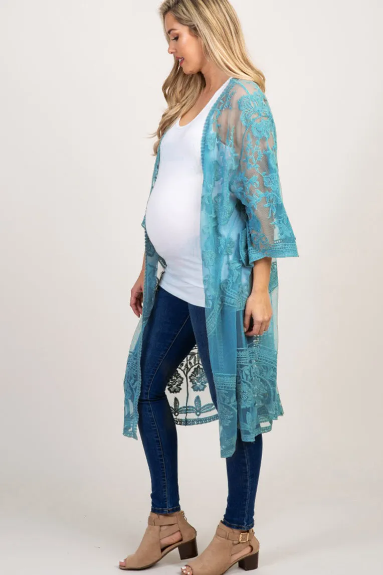 Mesh Embroidered Kimono Cardigan: Women's 3/4 Sleeve Cover Up