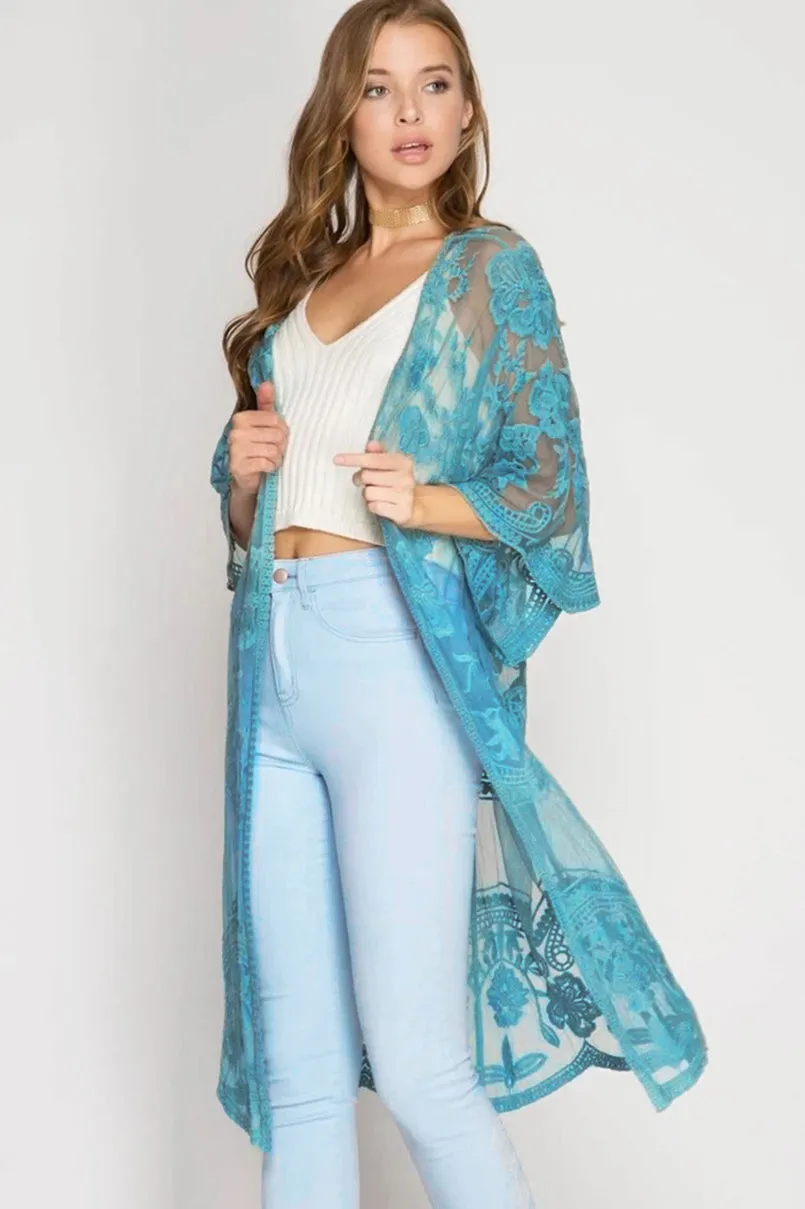 Mesh Embroidered Kimono Cardigan: Women's 3/4 Sleeve Cover Up