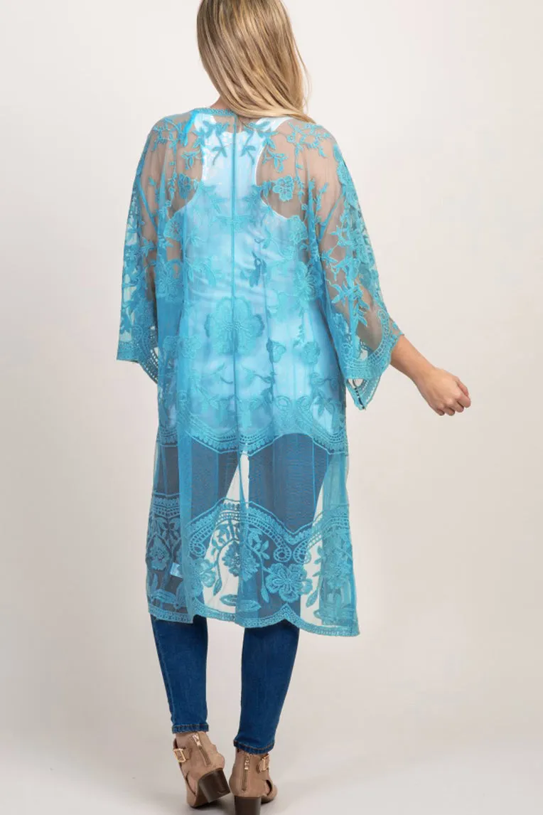 Mesh Embroidered Kimono Cardigan: Women's 3/4 Sleeve Cover Up